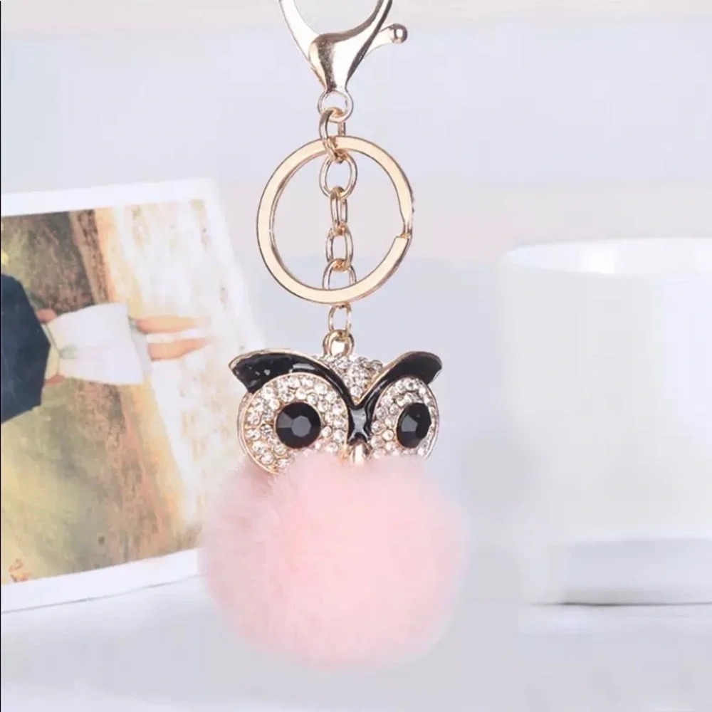 Enameled Pink Owl Rhinestone Keychain With Gold Tone Accents